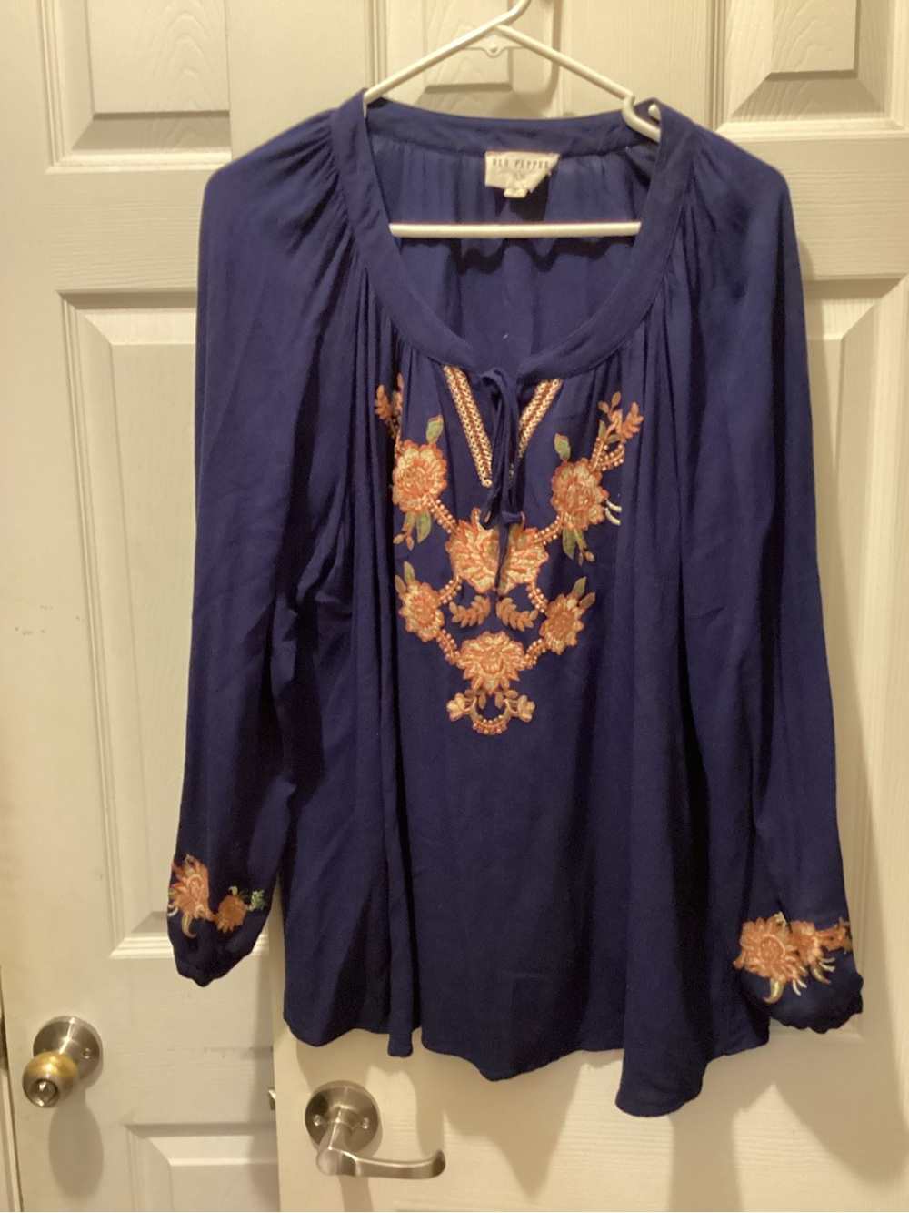 Blu Pepper Navy Peasant Blouse with Peach Embroidery
